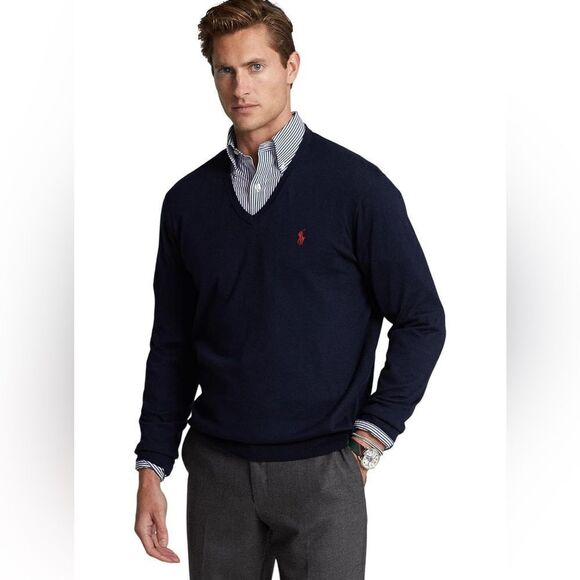 POLO RALPH LAUREN Men's Cotton V-Neck Sweater Navy NEW with tag XXL - Picture 1 of 5